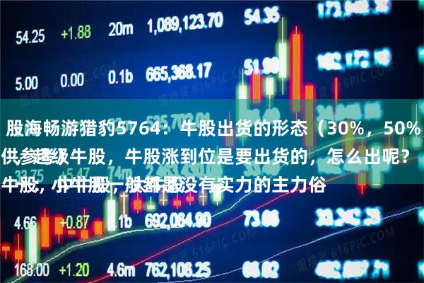 金河配资 股海畅游猎豹5764：牛股出货的形态（30%，50%，100%）
（案例仅供参考）
牛股分小牛股，中牛股，大牛股，超级牛股，牛股涨到位是要出货的，怎么出呢？
一：小牛股一般都是没有实力的主力俗